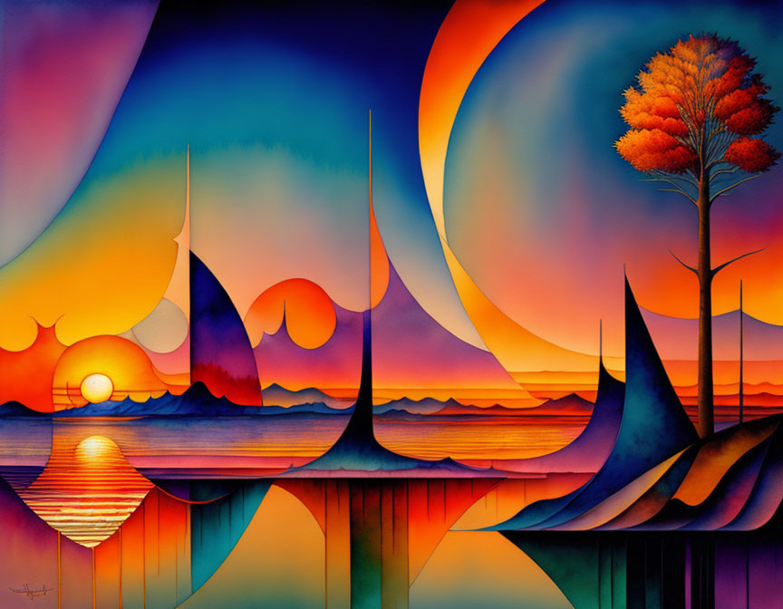 Stylized sunset painting with sailboats, lone tree, and circular patterns