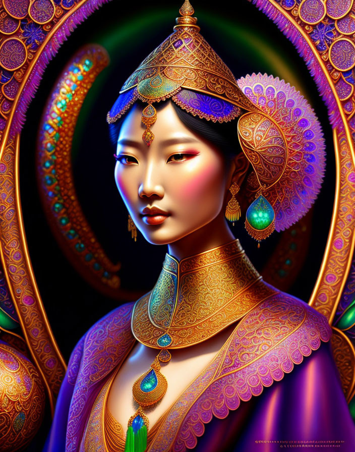 Illustration of woman in traditional attire with gold jewelry on colorful backdrop