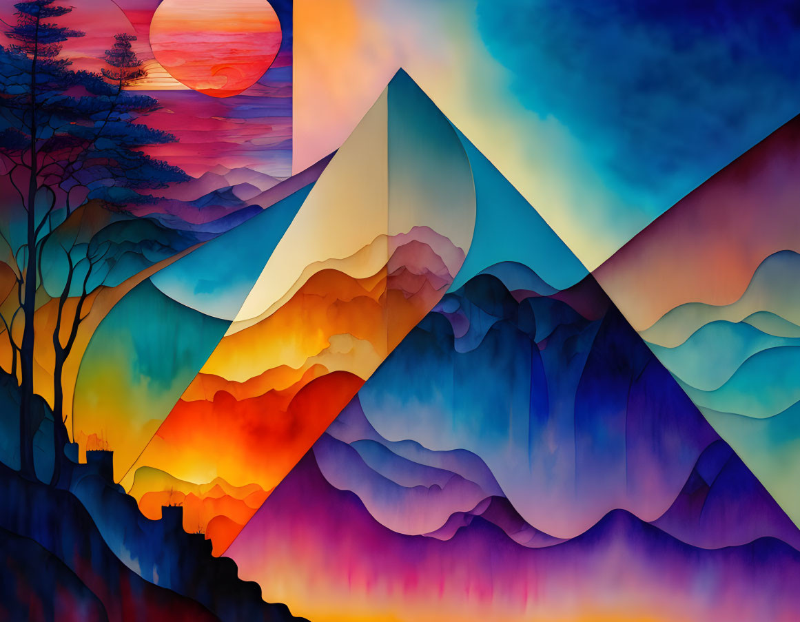 Vibrant Sunset Sky with Geometric Mountains and Tree Silhouette