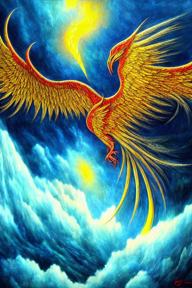 Majestic golden phoenix painting with fiery wings under blue sky