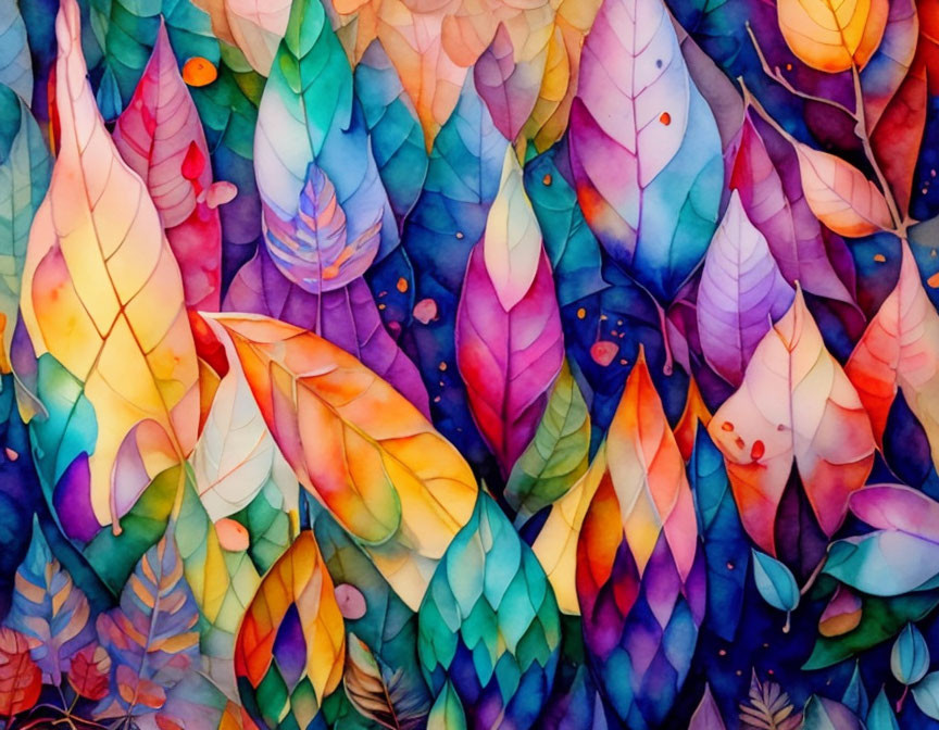 Colorful Watercolor Painting of Overlapping Leaves