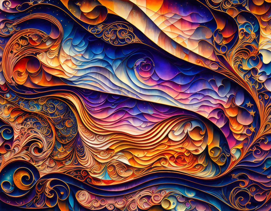 Colorful Abstract Painting with Swirling Patterns in Warm and Cool Tones