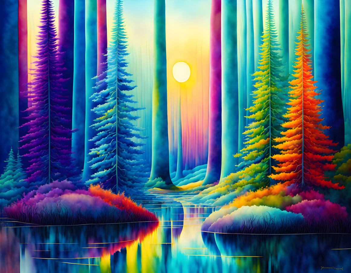 Colorful Forest with Reflecting Trees and Tranquil Water at Sunrise