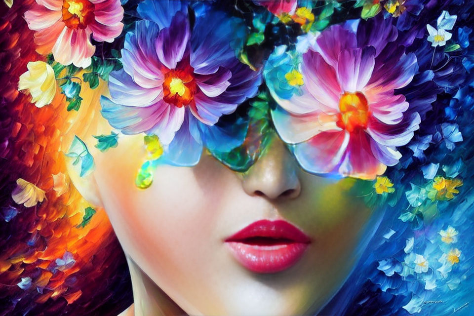 Colorful Artwork: Person with Flower Eyes and Hair in Rainbow Petals