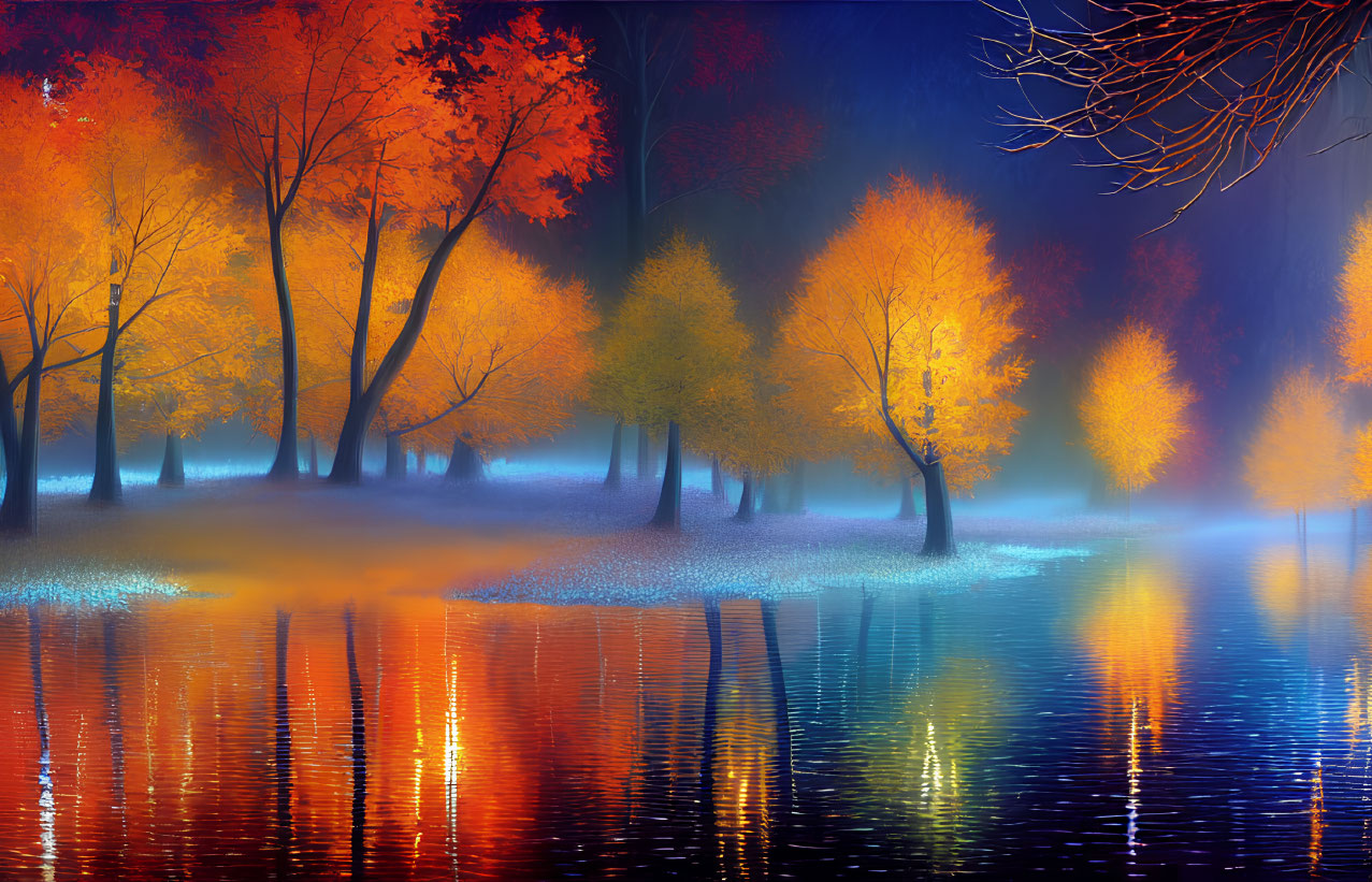 Autumn trees with orange and red leaves reflected in tranquil blue water under mystical foggy sky