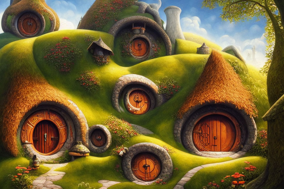 Illustration of quaint hobbit homes on lush hillside