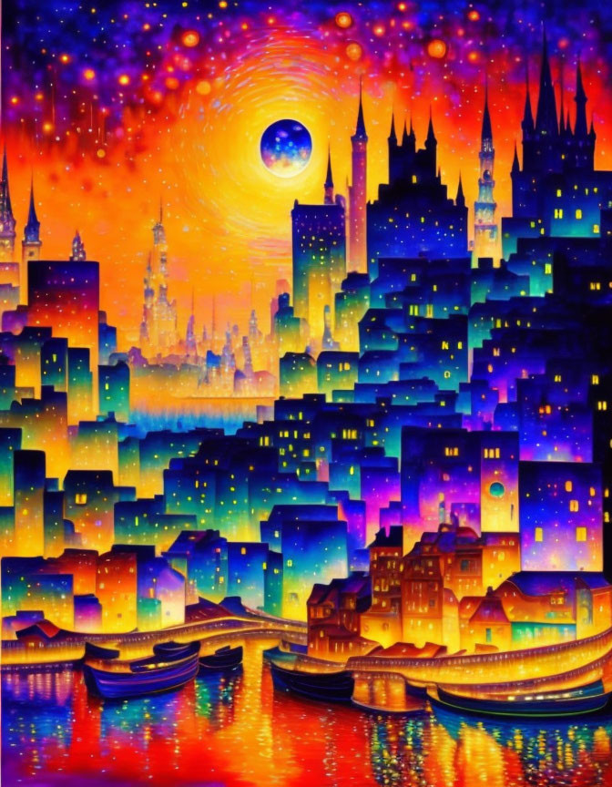 Fantasy city painting with illuminated buildings, boats, starry sky, sun, and moon