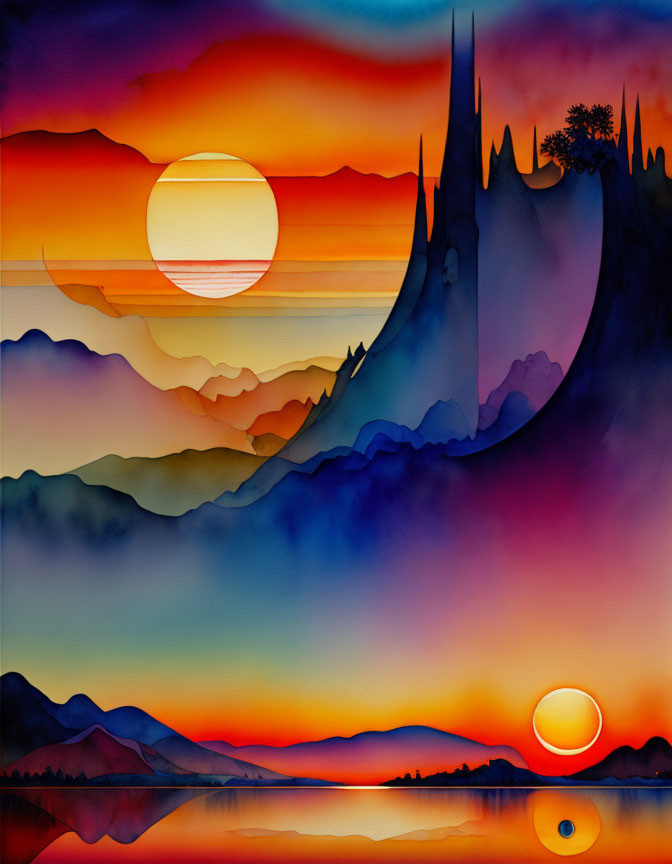 Sunset painting: vibrant colors over mountain landscape and water reflection