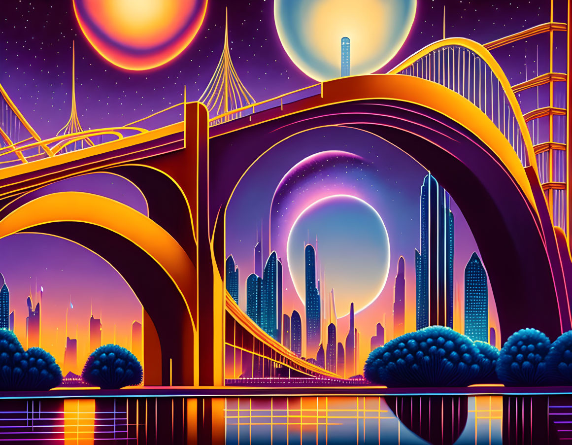 Futuristic cityscape with multiple moons, neon-lit bridges, and skyscrapers