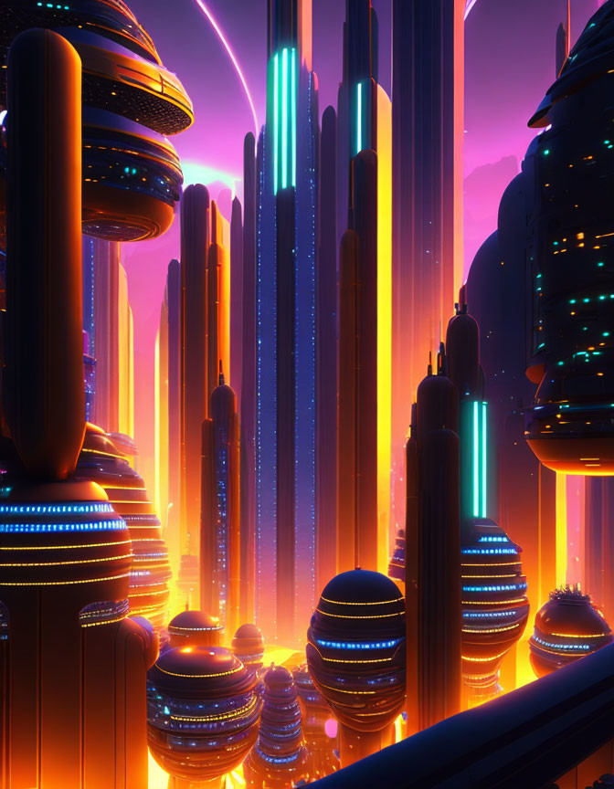 Neon-lit high-rise buildings in futuristic cityscape