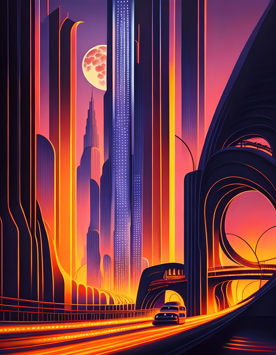 Futuristic cityscape with skyscrapers, full moon, car on elevated highway at twilight