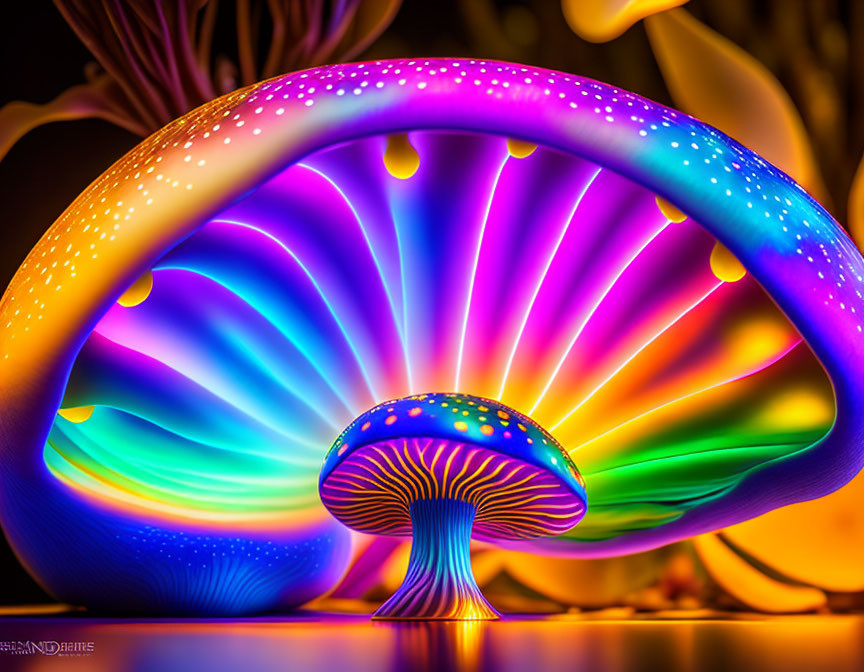 Bioluminescent mushroom with radiant, colorful spots