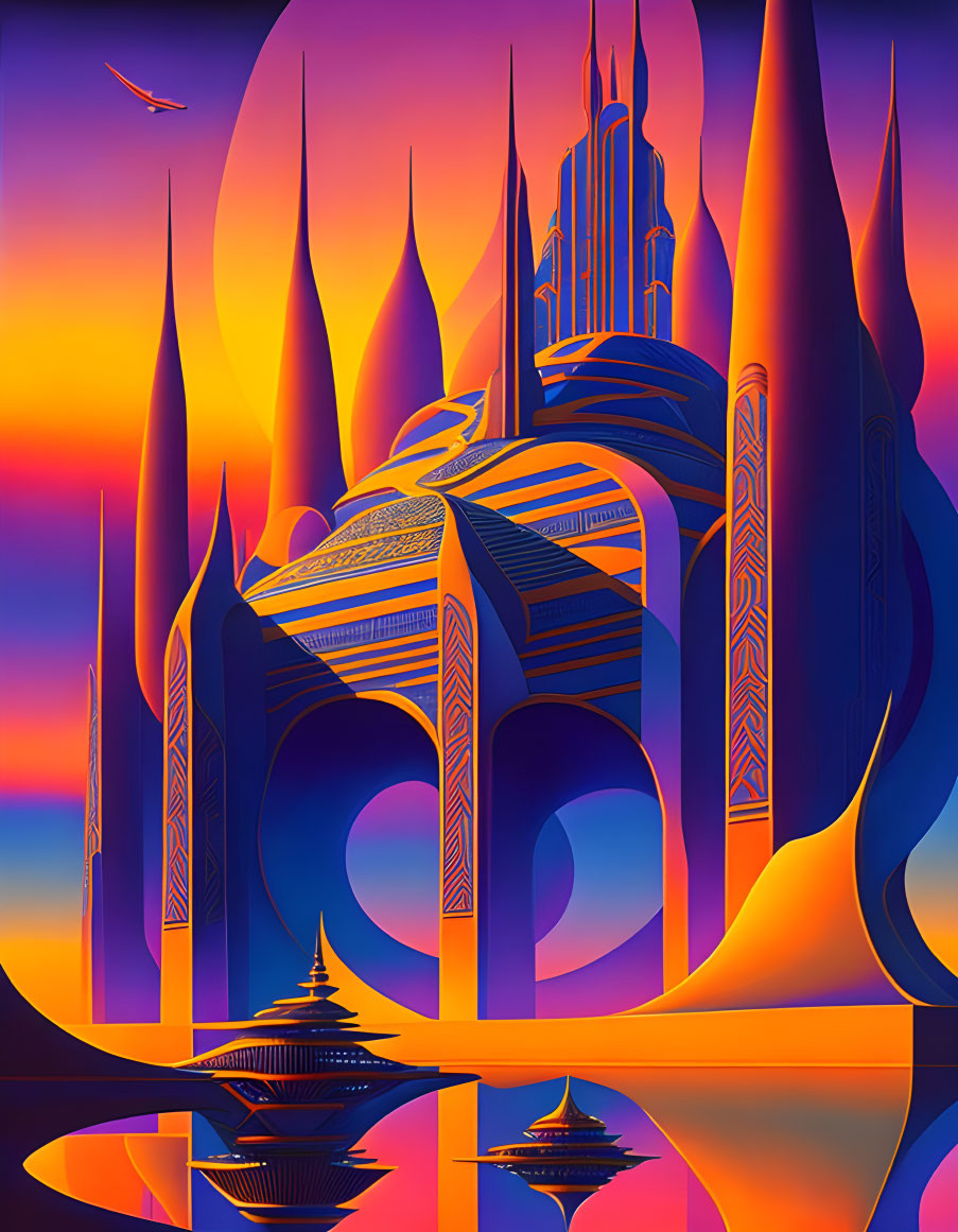 Futuristic cityscape with spires, reflective surface, transitioning sky, and flying bird.