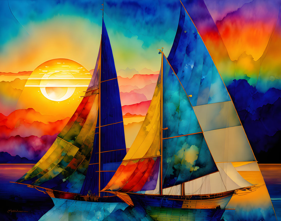 Colorful Sailboats on Tranquil Waters at Sunset