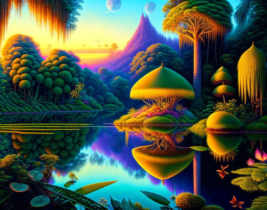 Fantasy landscape with mushroom trees, waterfalls, lake, moons