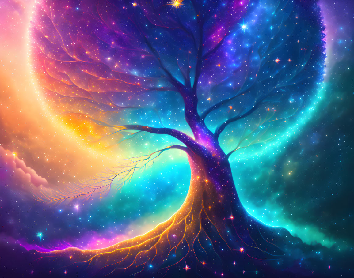 Vibrant cosmic tree with starry night branches and vivid nebula colors