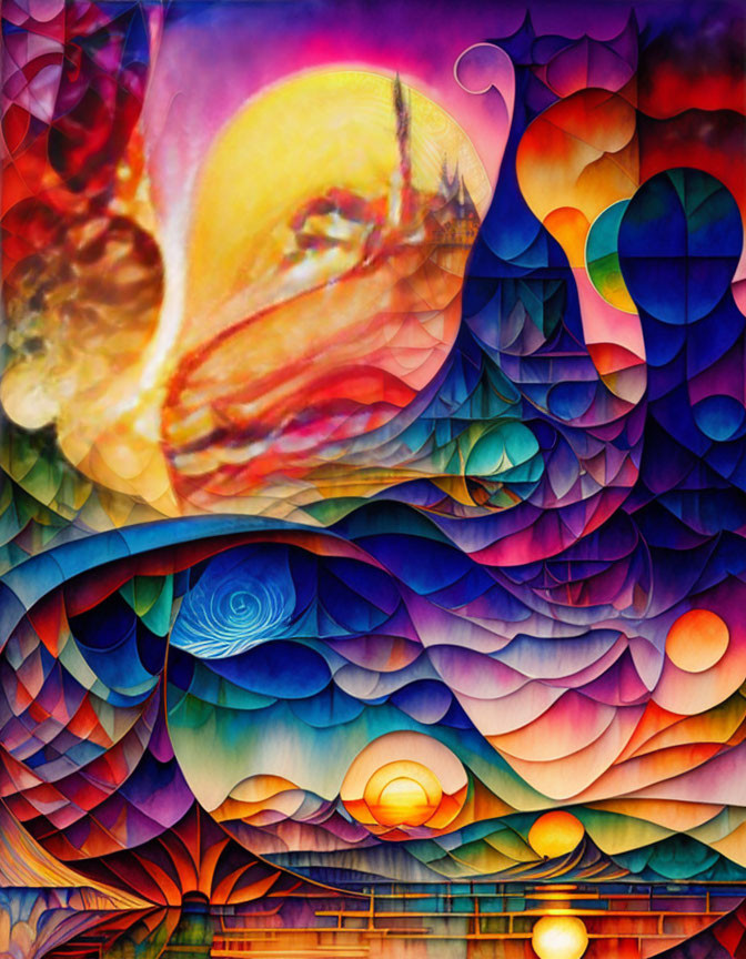 Vibrant abstract art: wave-like patterns, swirling shapes, blues to oranges