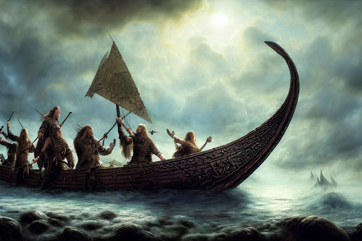 Vikings on longboat with raised axes in stormy seas