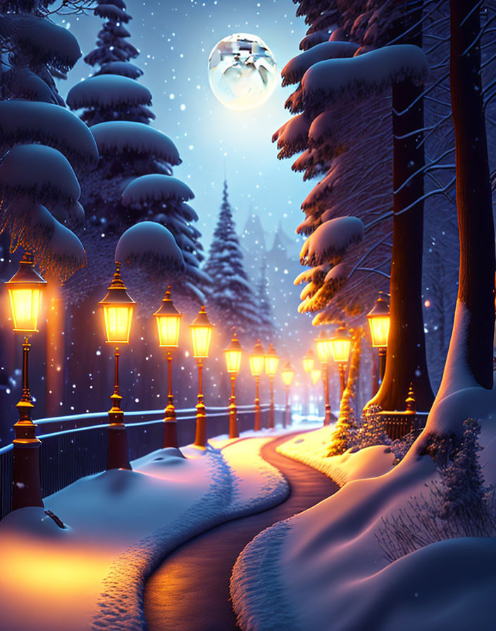 Snow-covered pathway with glowing street lamps, snow-laden trees, and full moon on tranquil winter night