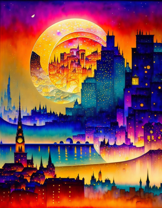 Colorful cityscape with building silhouettes under moonlit sky