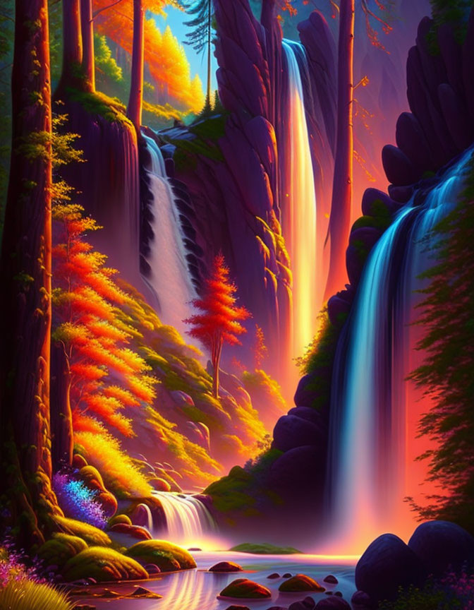 Colorful Magical Forest Digital Artwork with Waterfalls