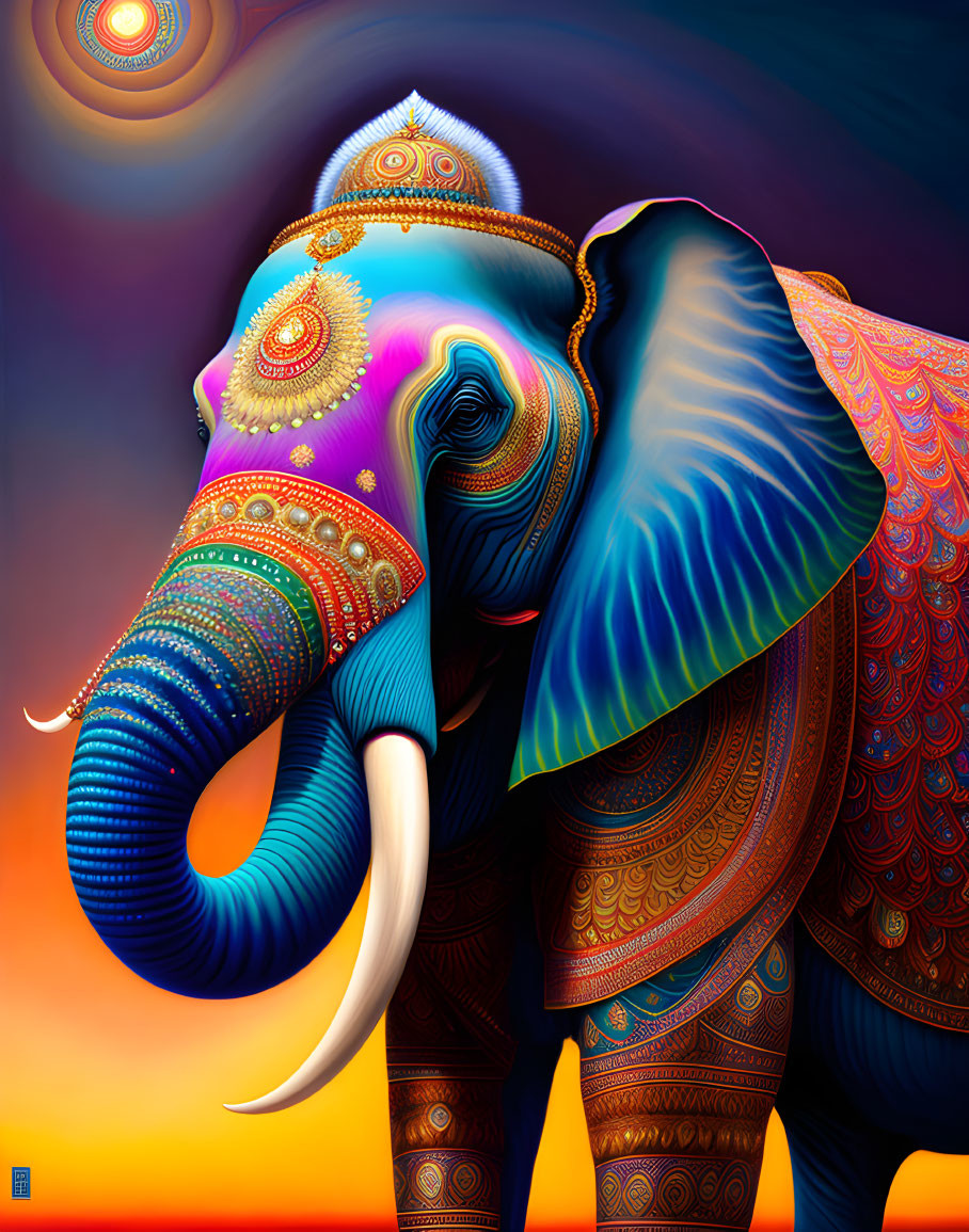 Colorful Stylized Elephant Artwork with Psychedelic Patterns