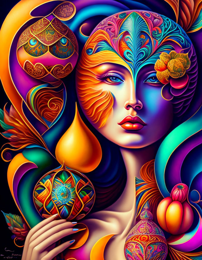 Colorful Psychedelic Portrait of Woman with Surreal Patterns