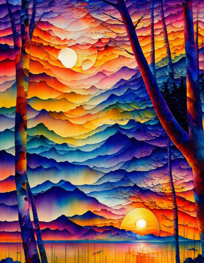 Vibrant Sunset Painting with Layered Mountains and Tree Silhouettes