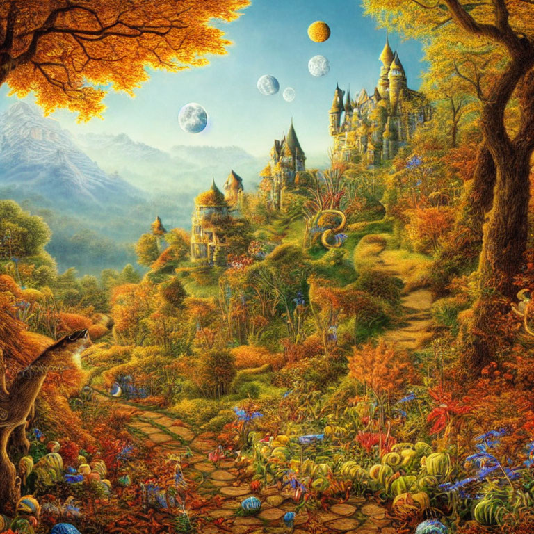 Fantasy landscape with castle, vibrant foliage, and multiple moons