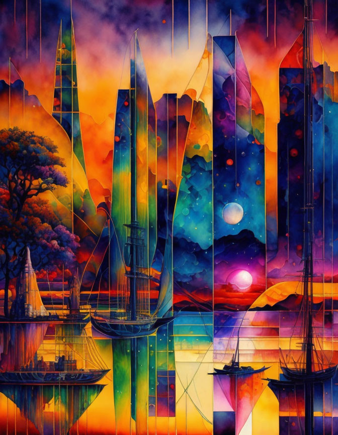 Surrealist painting: Tall ships, futuristic buildings, cosmic sunset blend