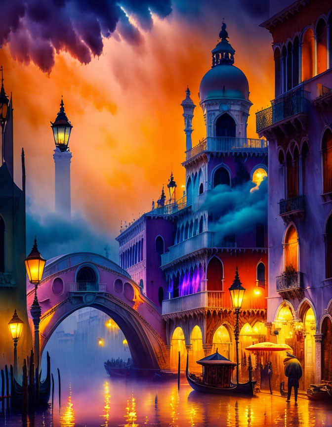 Vibrant orange and purple cityscape at dusk with ornate buildings and illuminated lanterns