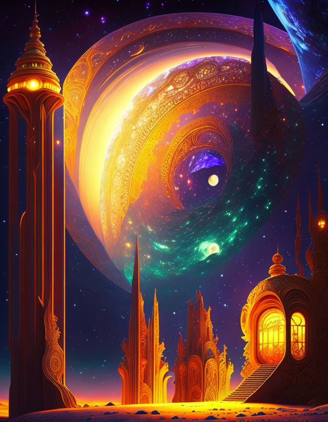 Fantastical landscape with ornate towers and cosmic sky