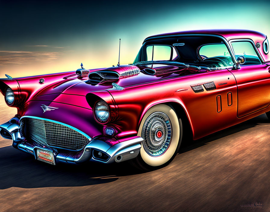 Classic Pink and Black Car with Tail Fins and Whitewall Tires on Sunset Background