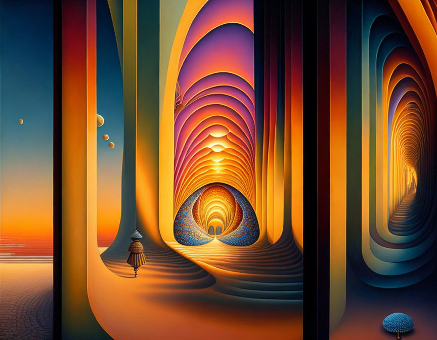 Vibrant surreal landscape with smooth arches and glowing orb under sunset sky