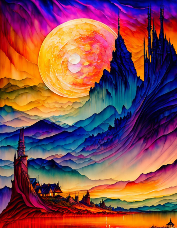 Colorful surreal landscape with yellow moon, swirling clouds, mountains, castles, and Asian-style buildings