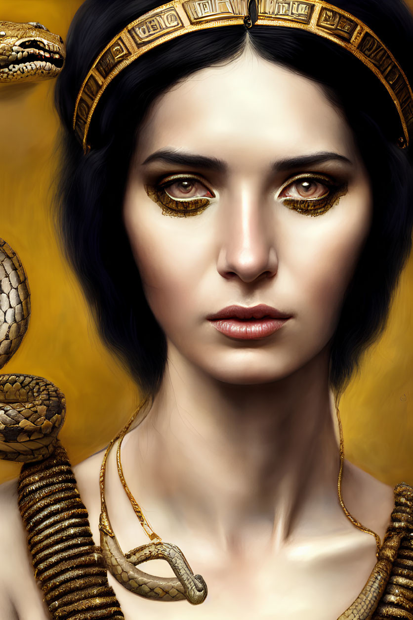 Golden snake-themed makeup portrait of a woman with serpent jewelry.