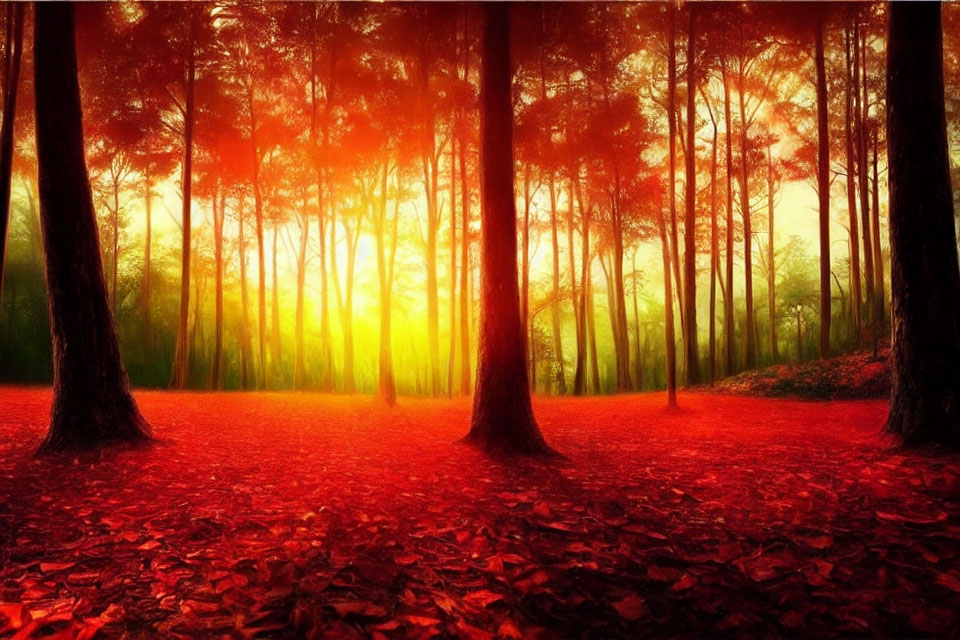 Lush forest scene with tall trees, red leaves, and golden sunlight.