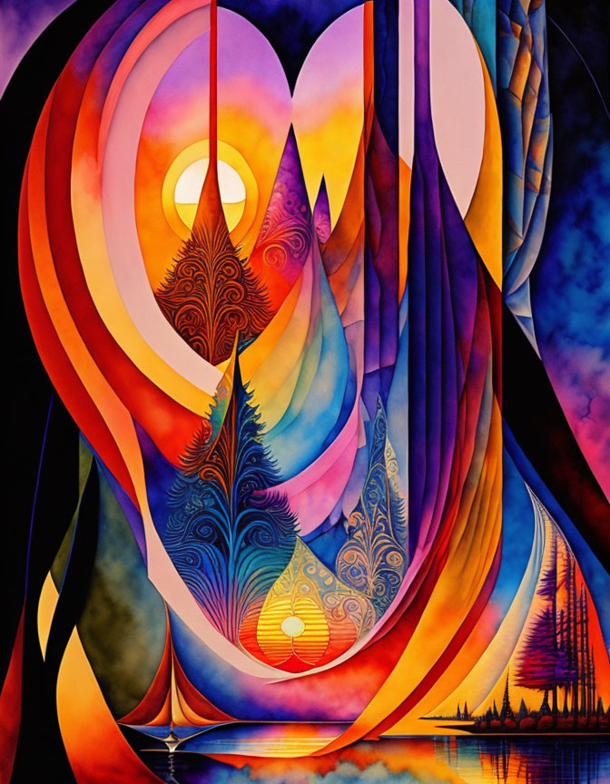 Colorful Abstract Painting with Trees, Sailboat, and Celestial Motifs