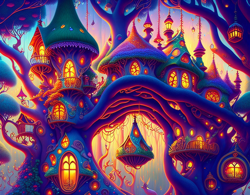 Fantasy tree illustration with glowing houses on twisted branches