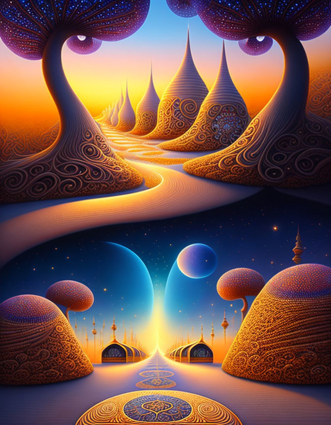 Fantastical landscape with ornate trees and glowing crescent sky