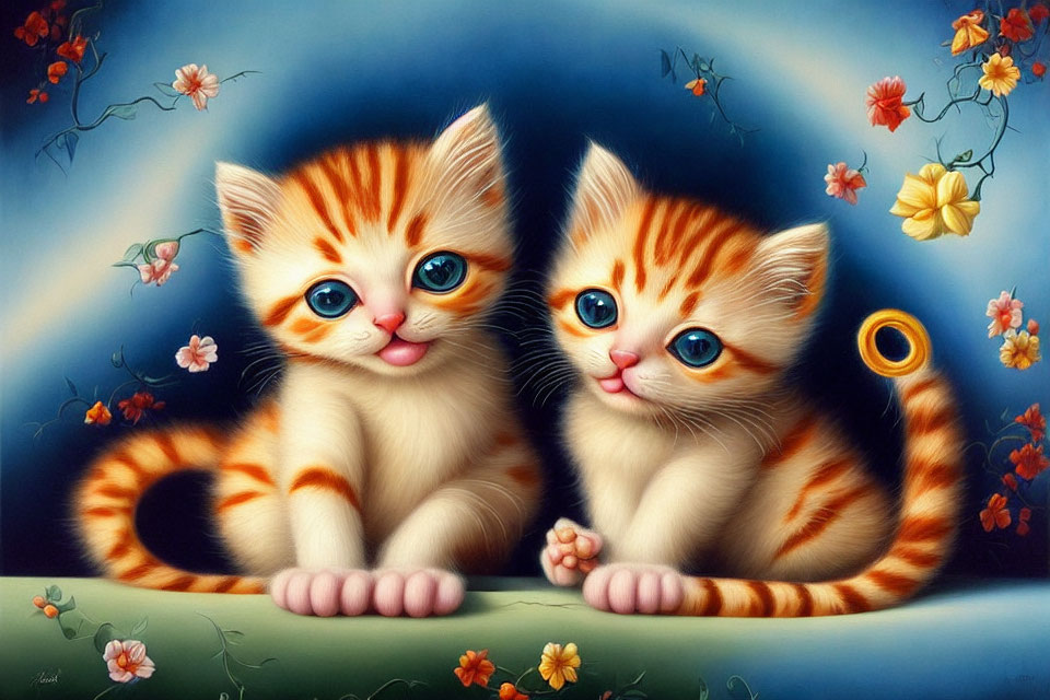 Illustrated Orange and White Kittens Among Flowers