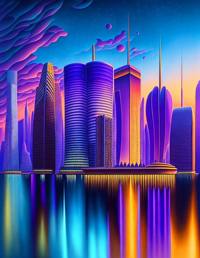 Futuristic city digital illustration with reflective skyscrapers and colorful sky