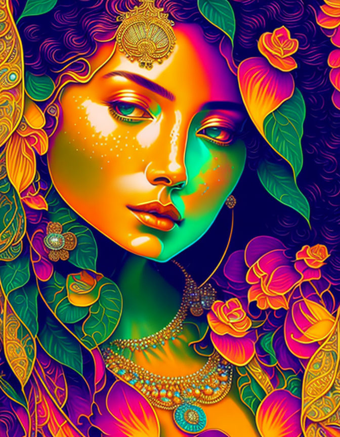 Colorful Psychedelic Digital Artwork of Woman with Floral Patterns