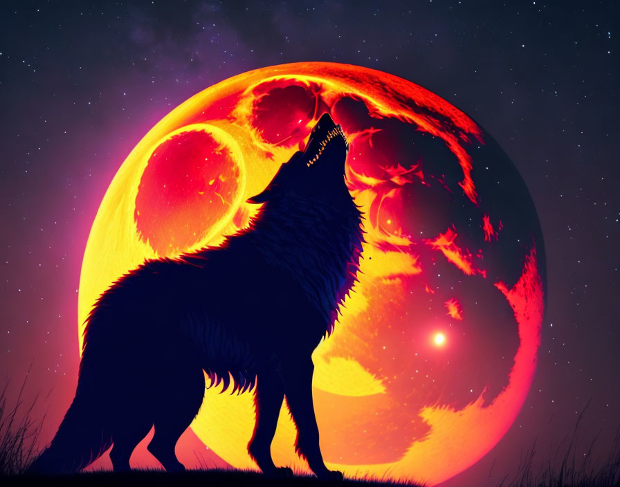 Silhouetted wolf howling on hill under giant fiery moon