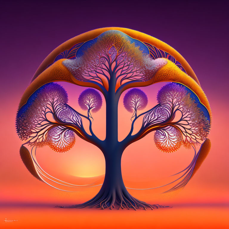 Symmetrical tree digital artwork on purple-orange gradient background