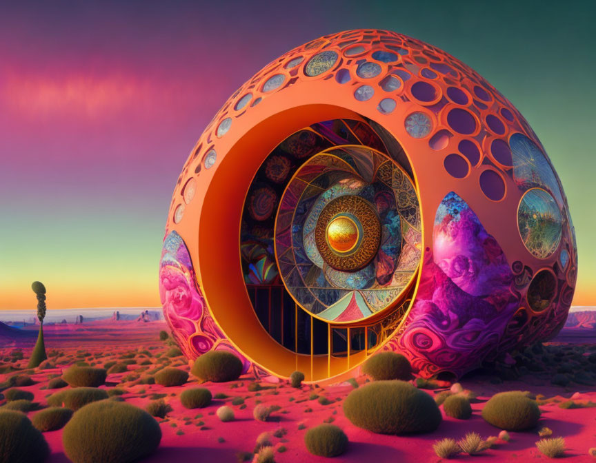 Surreal orange sphere in intricate landscape