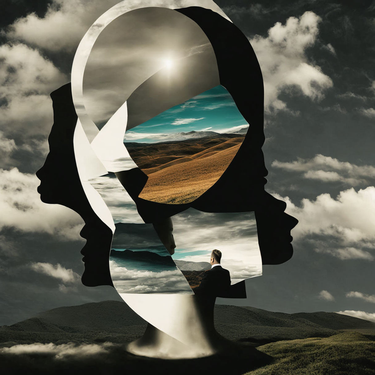 Surreal landscape with two heads and yin-yang symbol