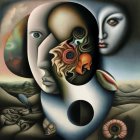 Surreal landscape with two heads and yin-yang symbol