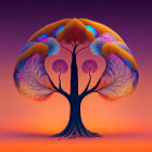 Symmetrical tree digital artwork on purple-orange gradient background