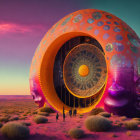 Surreal orange sphere in intricate landscape